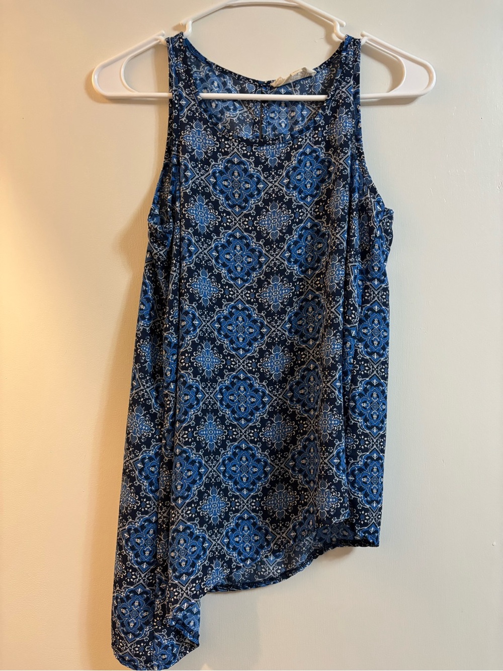Pink Rose Blue Patterned Asymmetric Tank Top